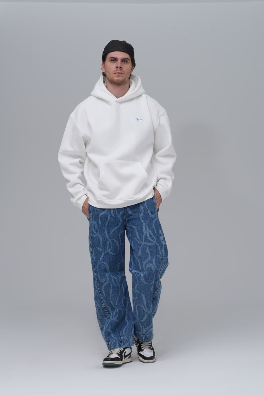 Arapça - Halı - Motif Desenli Baskılı,Nakışlı %100 Pamuk Kapüşonlu Beyaz Oversize Sweatshirt