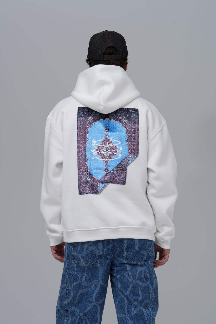 Arapça - Halı - Motif Desenli Baskılı,Nakışlı %100 Pamuk Kapüşonlu Beyaz Oversize Sweatshirt