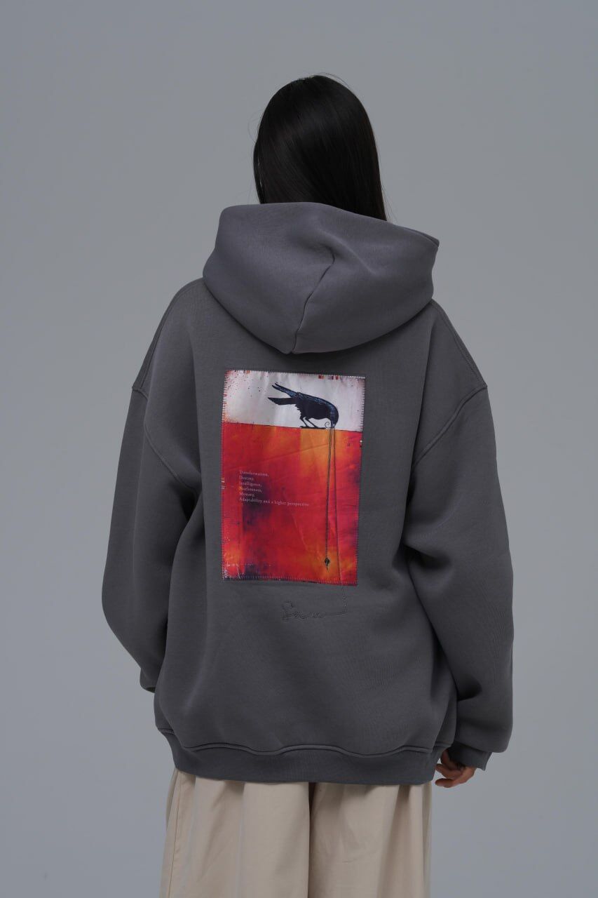 Karga Sol Logo, Sırt Baskılı, Baskılı,Nakışlı Unisex %100 Pamuk Kapüşonlu Sweatshirt