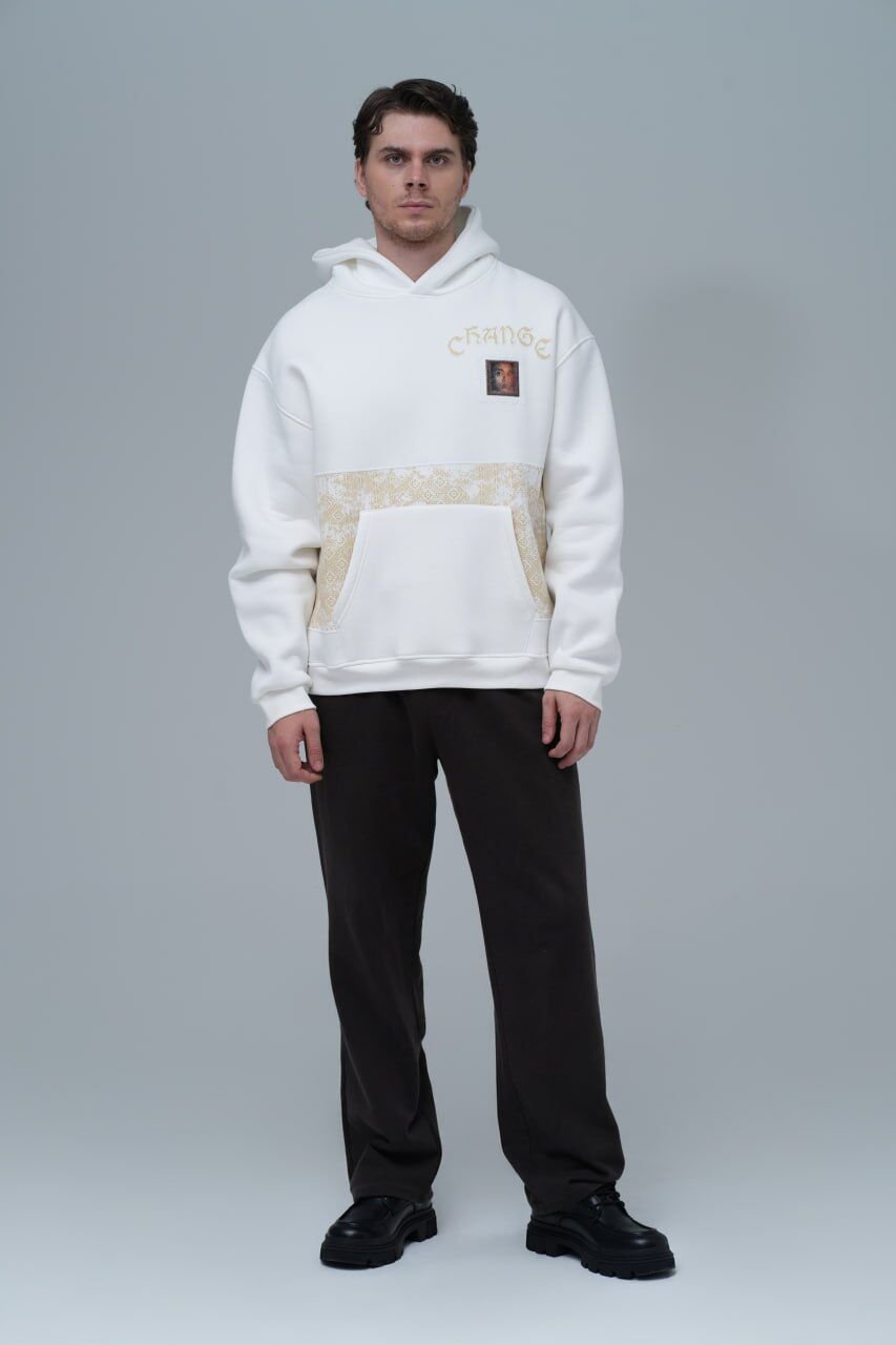 Change (Değişim) Sanatsal Desenli Baskılı, Nakışlı Unisex %100 Pamuk Kapüşonlu Beyaz Sweatshirt