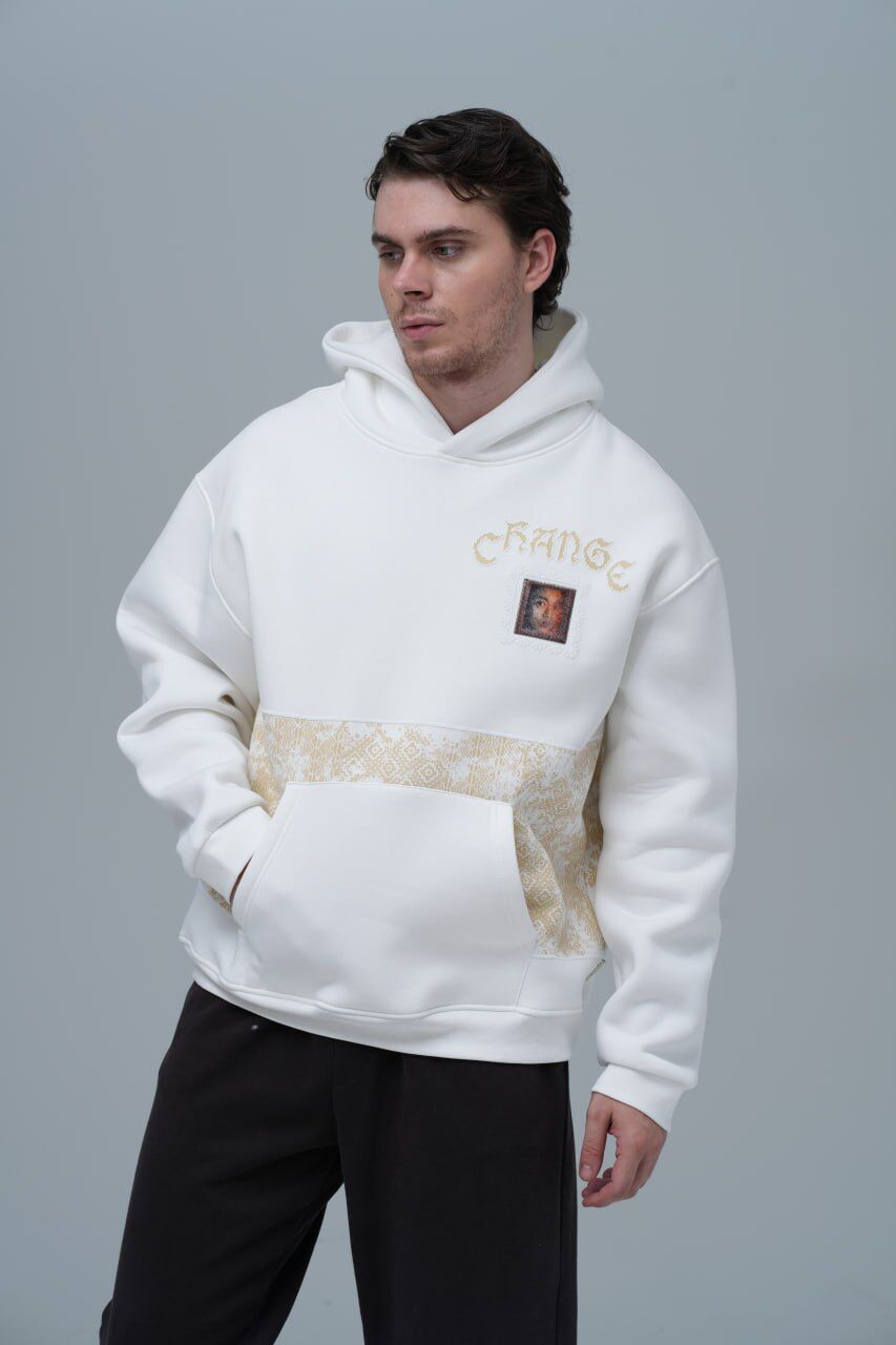 Change (Değişim) Sanatsal Desenli Baskılı, Nakışlı Unisex %100 Pamuk Kapüşonlu Beyaz Sweatshirt