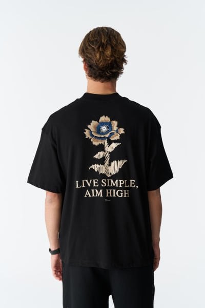 LIVE SIMPLE AIM HIGH Baskılı, Nakışlı Unisex %100 Pamuk T-shirt