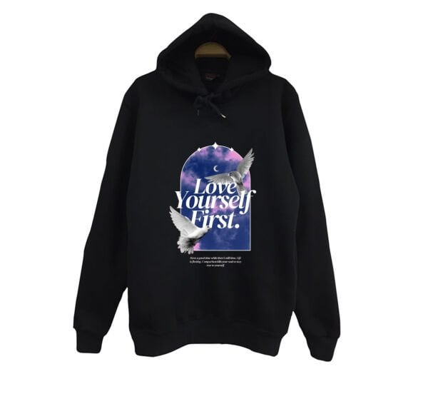Love Yourself First - Kuş - Gökyüzü - Ay Baskılı Unisex %100 Pamuk Kapüşonlu Siyah Sweatshirt