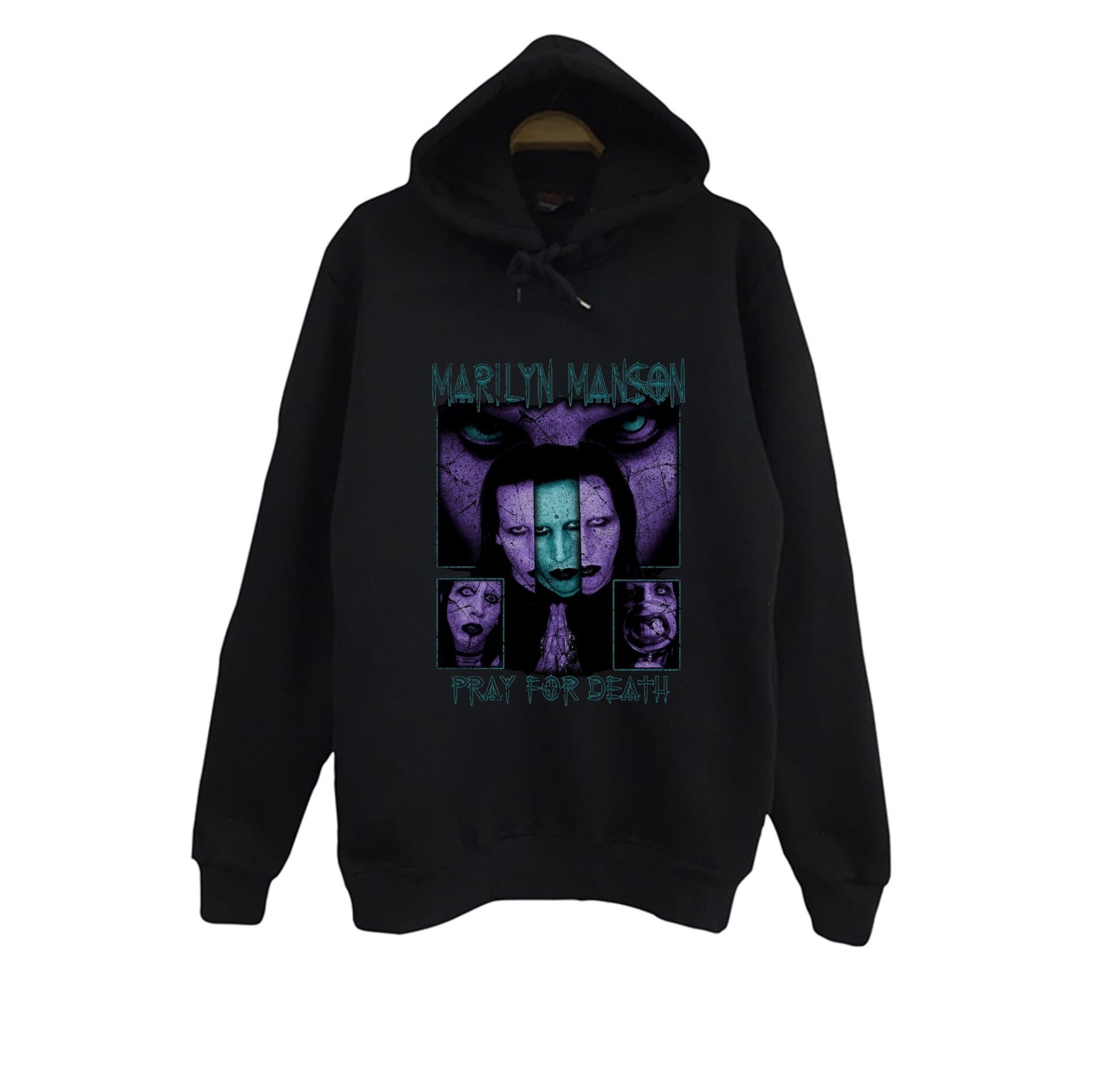 Marilyn Manson Baskılı Unisex %100 Pamuk Kapüşonlu Siyah Sweatshirt
