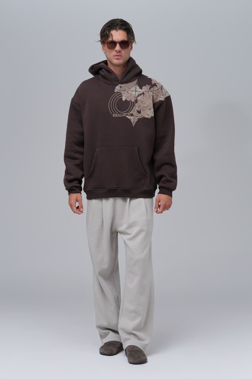 Realistic Baskılı, Nakışlı Unisex %100 Pamuk Kapüşonlu Kahverengi Sweatshirt