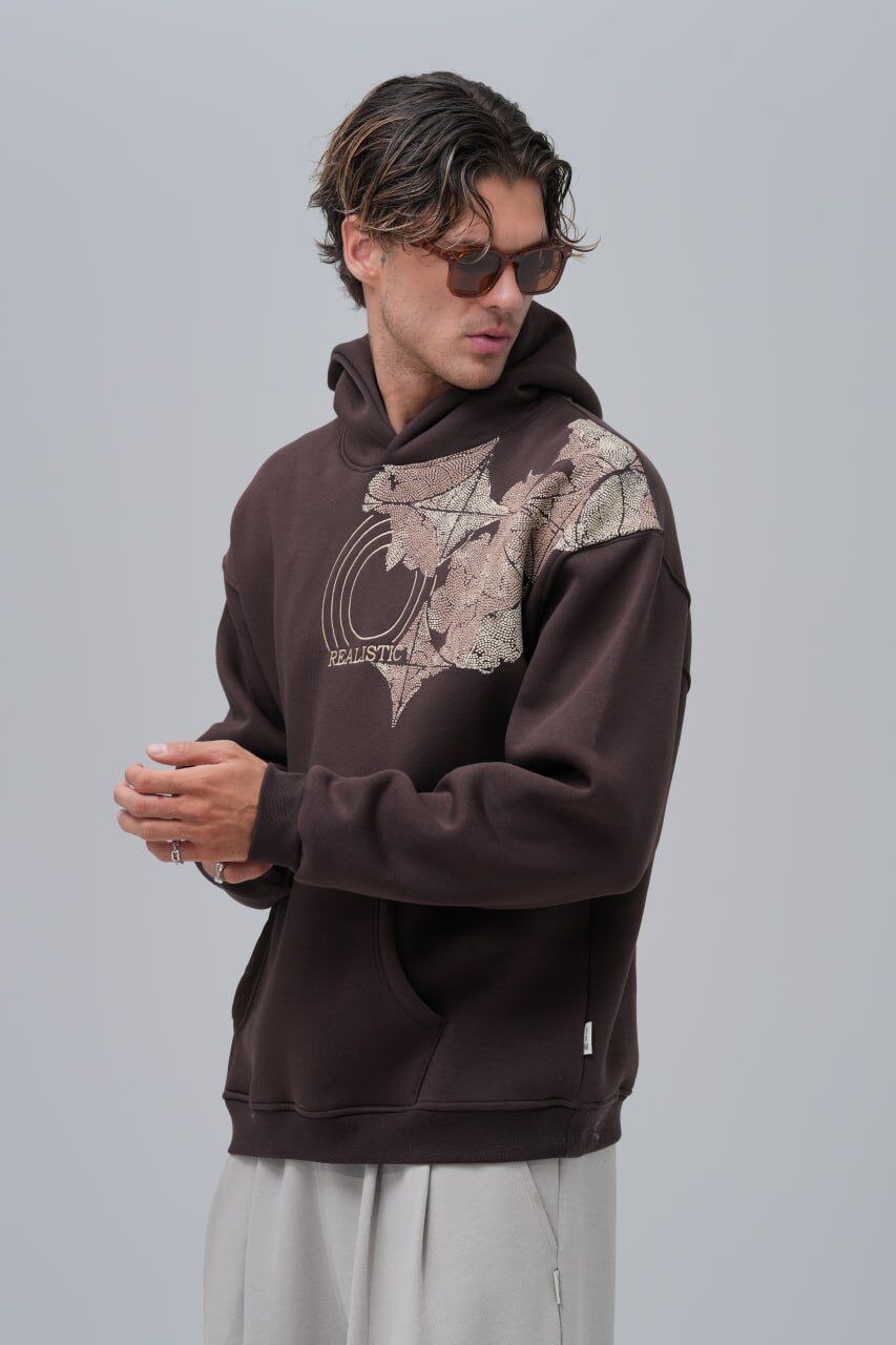 Realistic Baskılı, Nakışlı Unisex %100 Pamuk Kapüşonlu Kahverengi Sweatshirt
