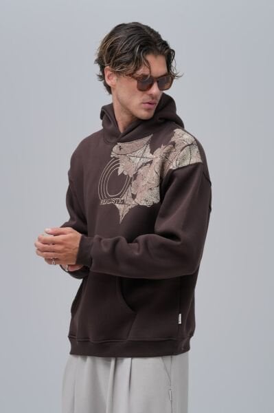 Realistic Baskılı, Nakışlı Unisex %100 Pamuk Kapüşonlu Kahverengi Sweatshirt