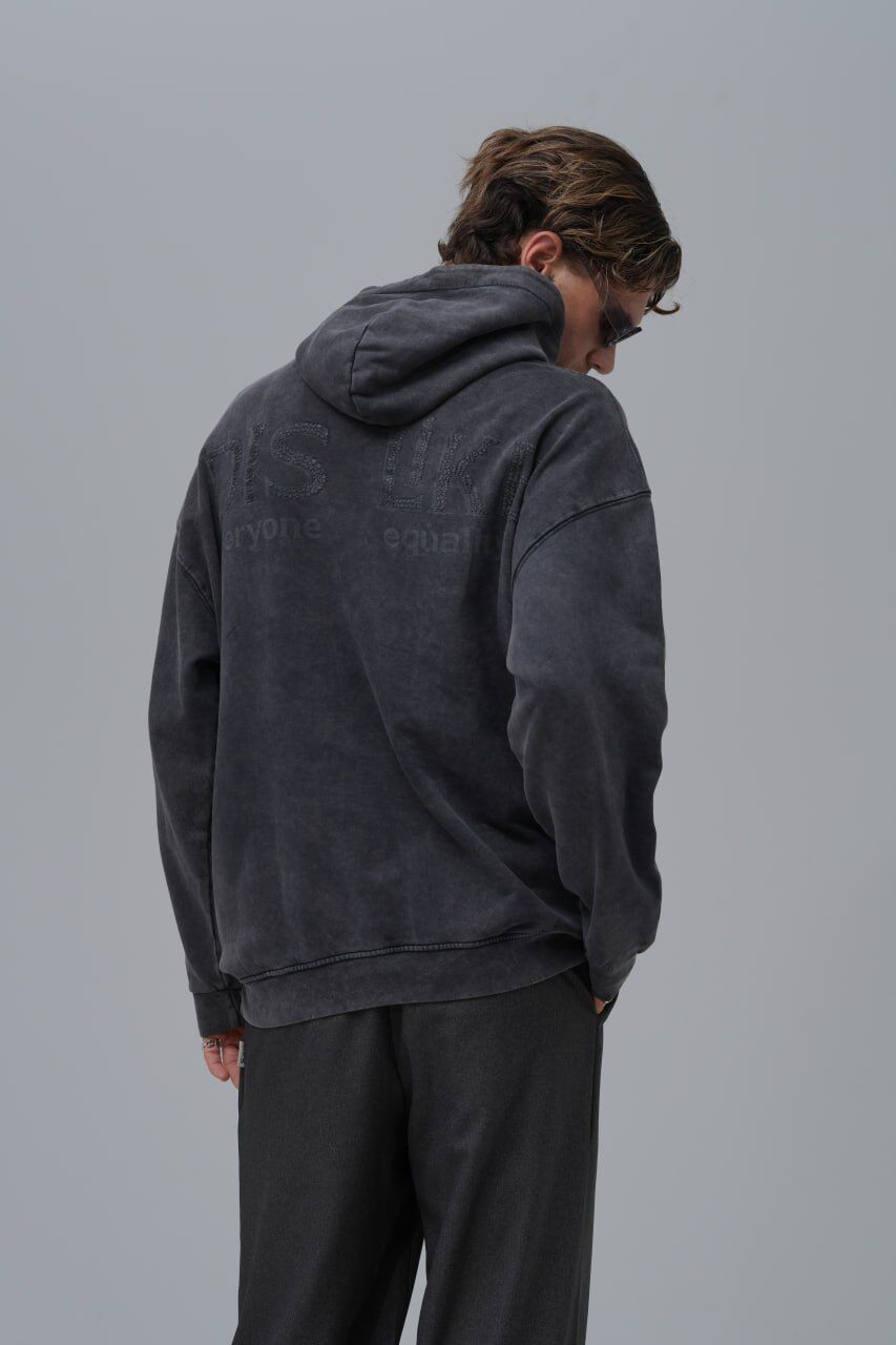 Unisex Vintage 3 İplik Everyone Equal Baskılı Nakışlı Kapüşonlu Siyah Sweatshirt