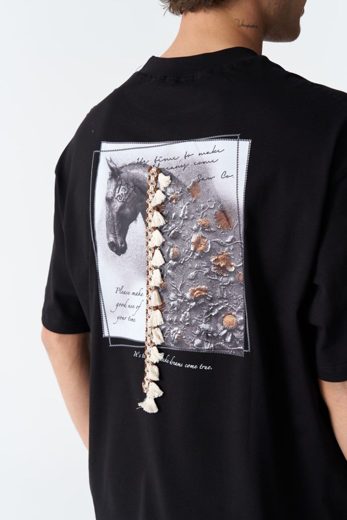 At Baskılı, Nakışlı, Örgülü Unisex %100 Pamuk Siyah T-shirt