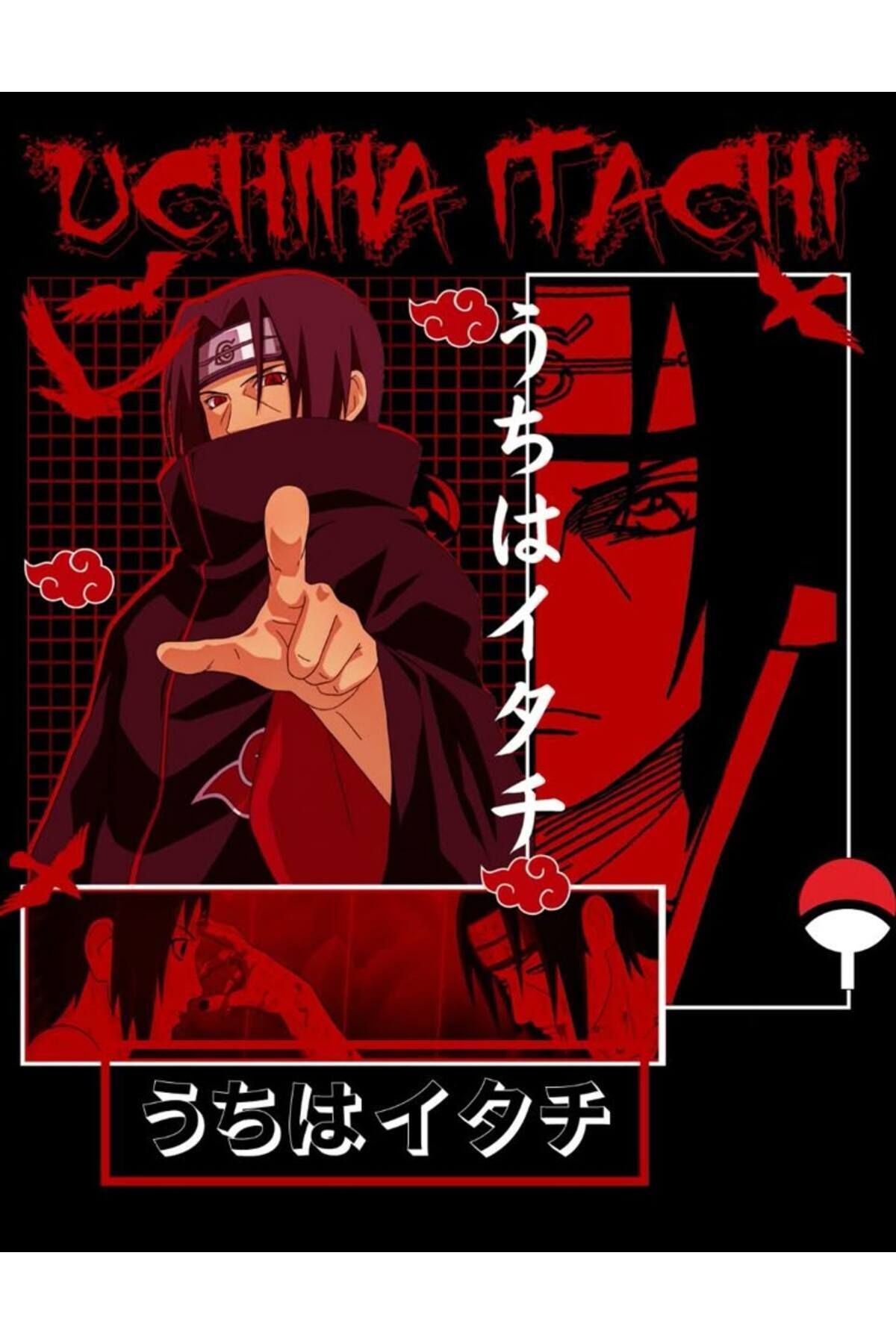 Naruto Itachi Uchiha Anime Baskılı Unisex %100 Pamuk Siyah T-shirt