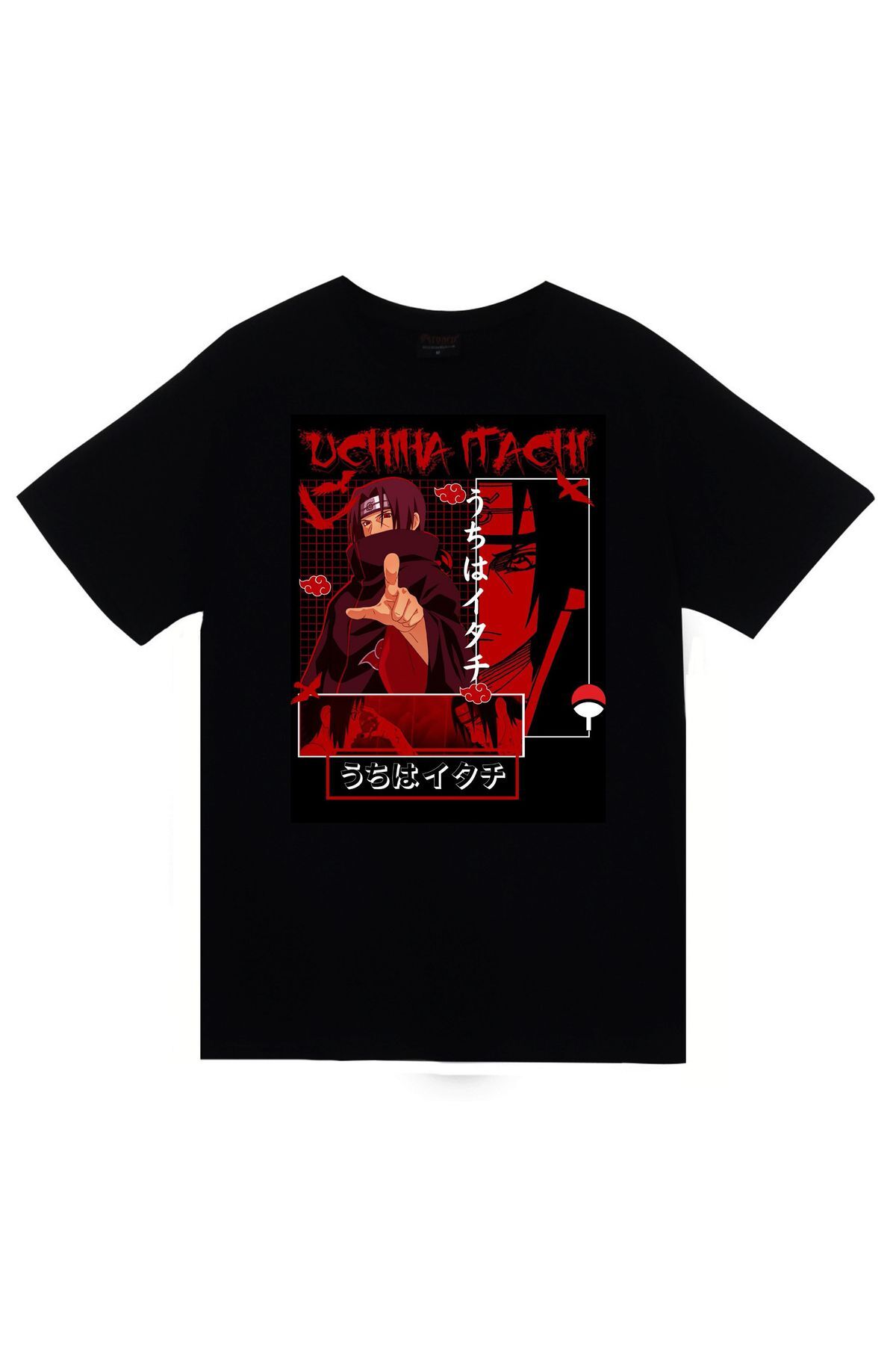 Naruto Itachi Uchiha Anime Baskılı Unisex %100 Pamuk Siyah T-shirt