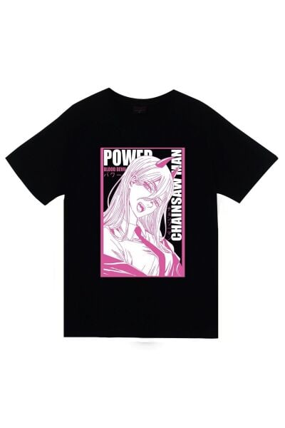 Chainsaw Man Anime Baskılı Unisex %100 Pamuk Siyah T-shirt
