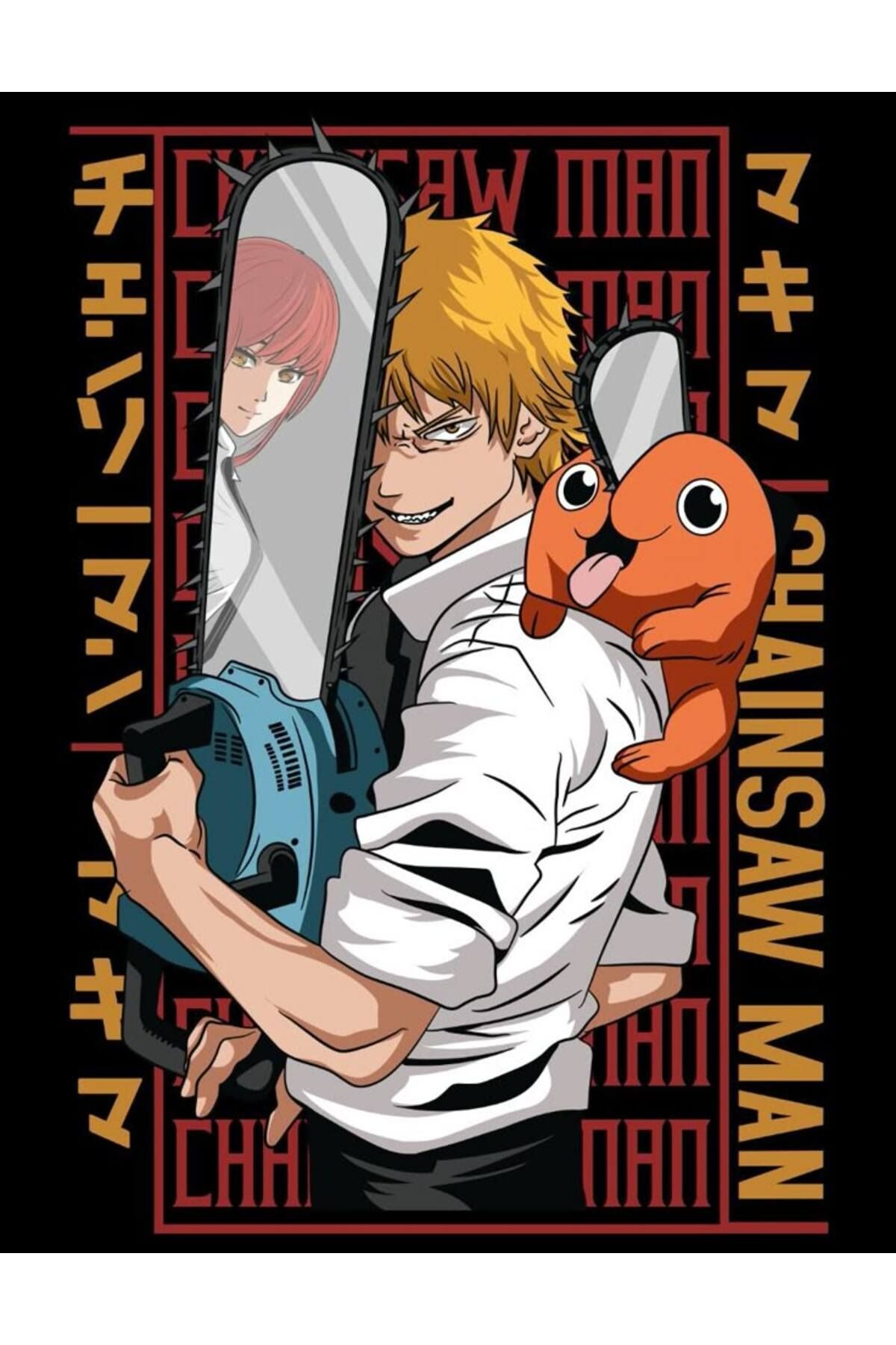 Chainsaw Man Anime Baskılı Unisex %100 Pamuk Siyah T-shirt