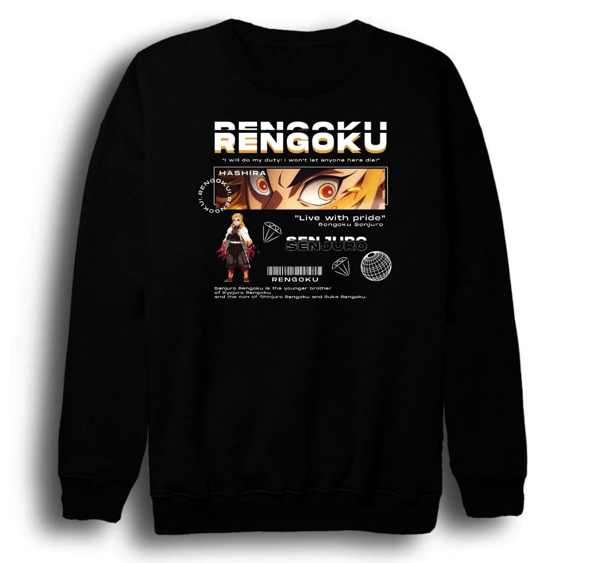 Demon Slayer Kyojuro Rengoku Baskılı Unisex %100 Pamuk Bisiklet Yaka Siyah Sweatshirt