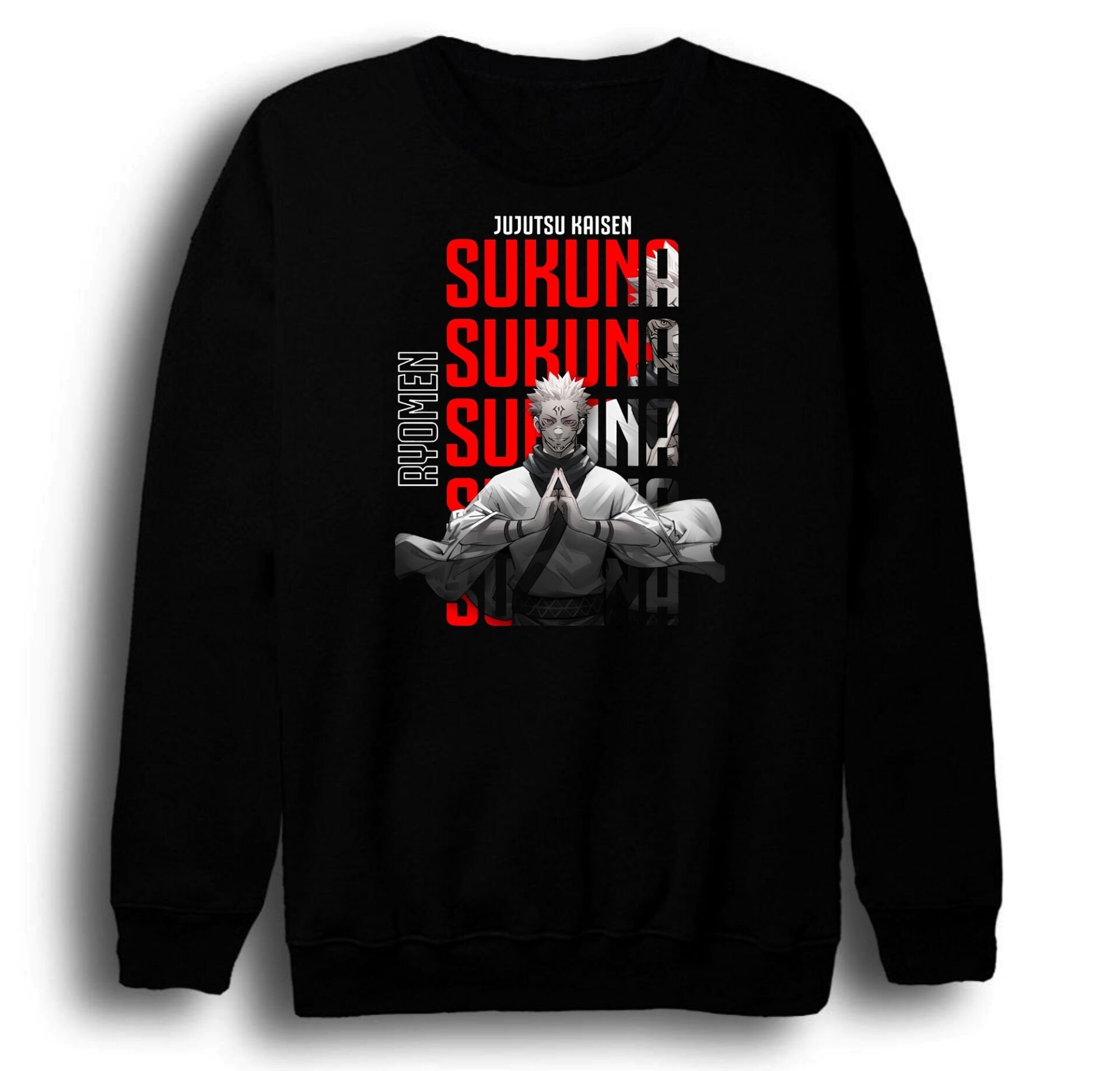 Jujutsu Kaisen - Sukuna - Anime Baskılı Unisex %100 Pamuk Siyah Bisiklet Yaka Sweatshirt