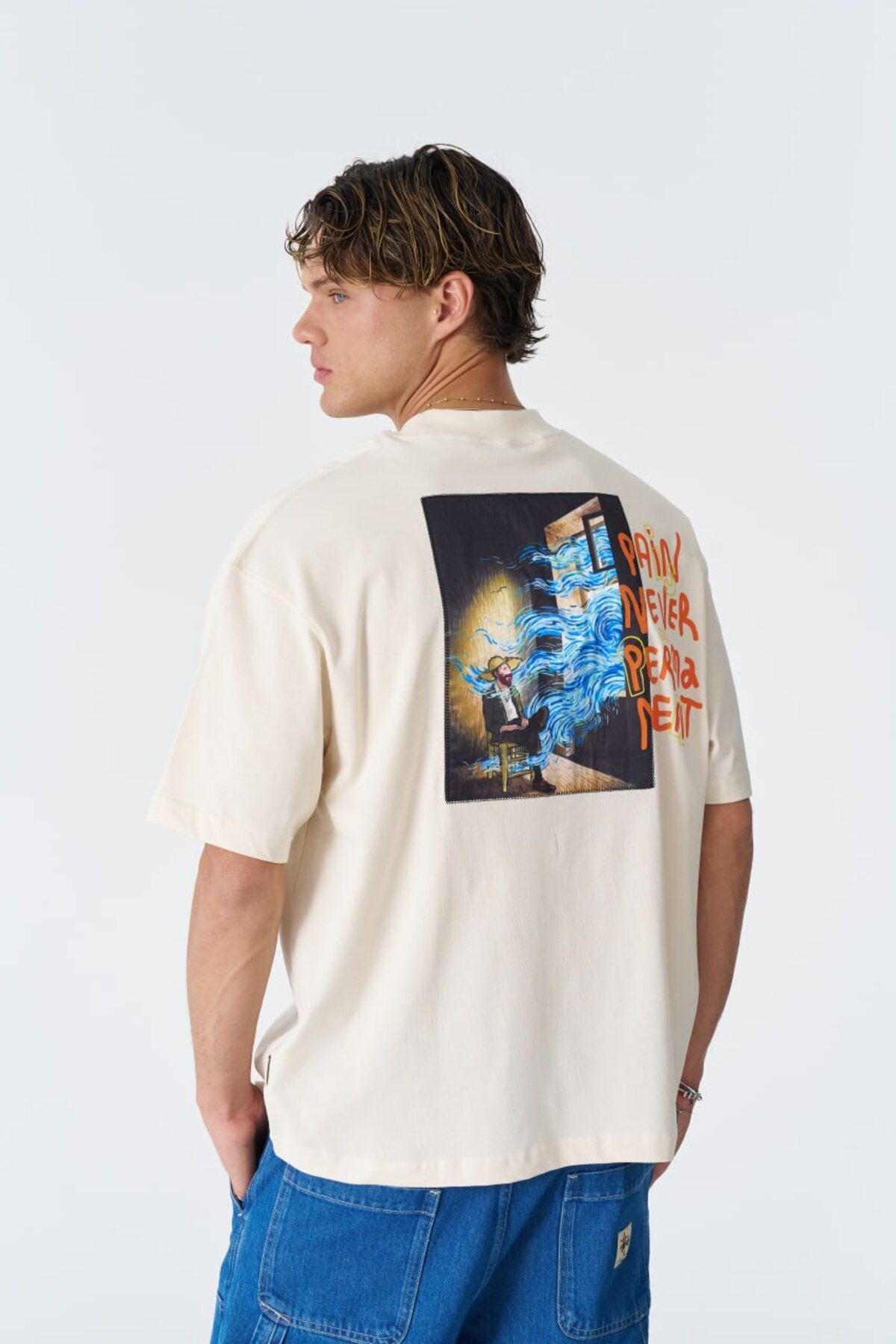 Van Gogh Tasarımlı Pain Never Permanent Yazılı, Baskılı, Nakışlı %100 Pamuk Oversize Ekru T-shirt