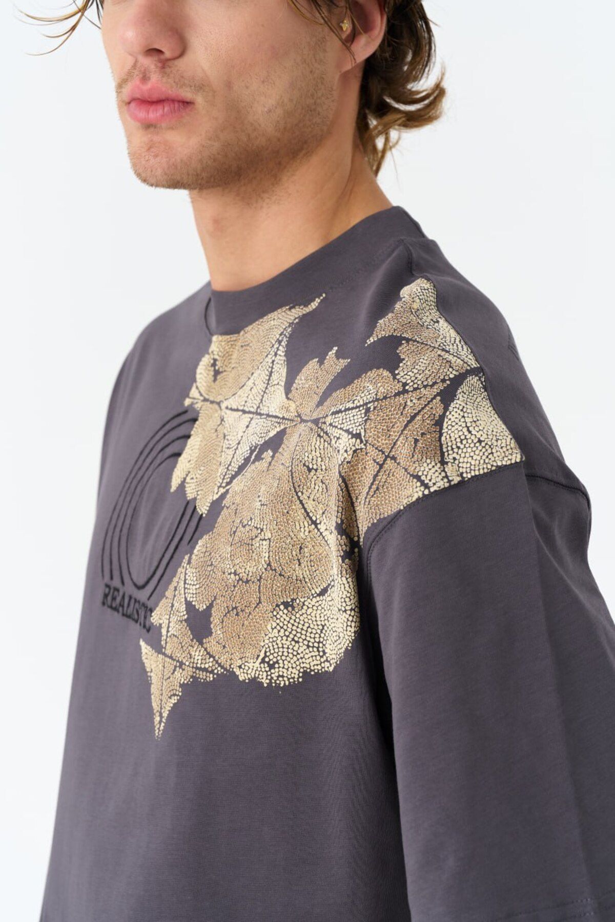 Realistic Baskılı, Nakışlı Unisex %100 Pamuk Gri T-shirt