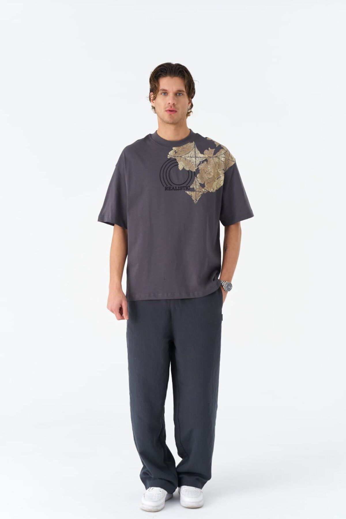 Realistic Baskılı, Nakışlı Unisex %100 Pamuk Gri T-shirt