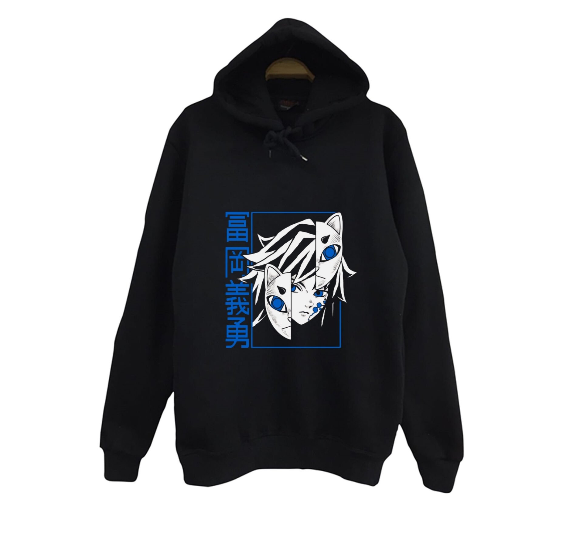 Demon Slayer Anime Baskılı Unisex %100 Pamuk Kapüşonlu Siyah Sweatshirt