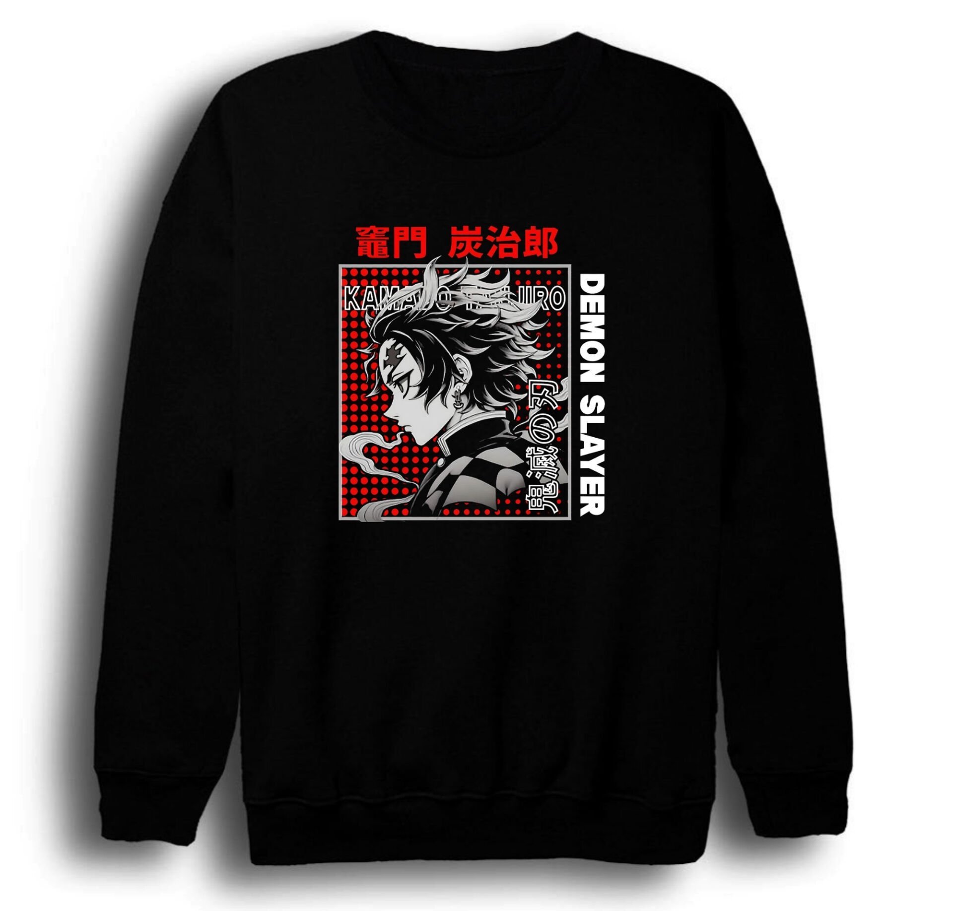 Demon Slayer Tanjirō Kamado Anime Baskılı Unisex %100 Pamuk Siyah Bisiklet Yaka Sweatshirt