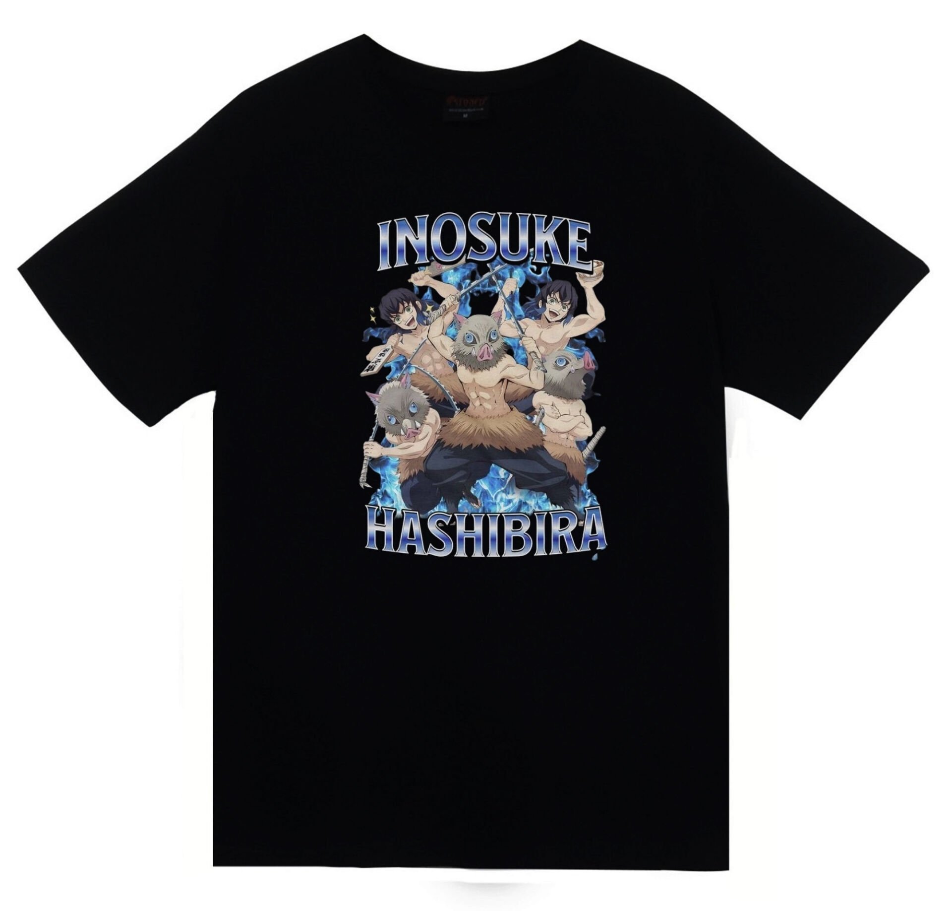 Demon Slayer Inosuke Hashibira Anime Baskılı Unisex %100 Pamuk Siyah T-shirt