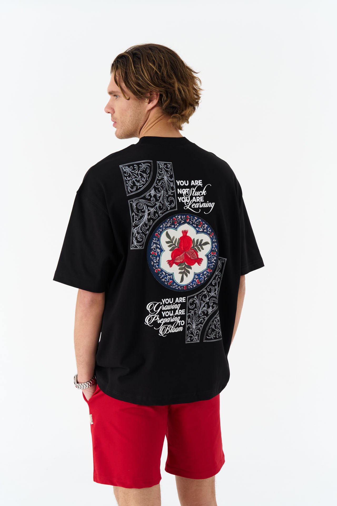 You Are Learning Baskılı, Nakışlı Pamuk Siyah T-shirt